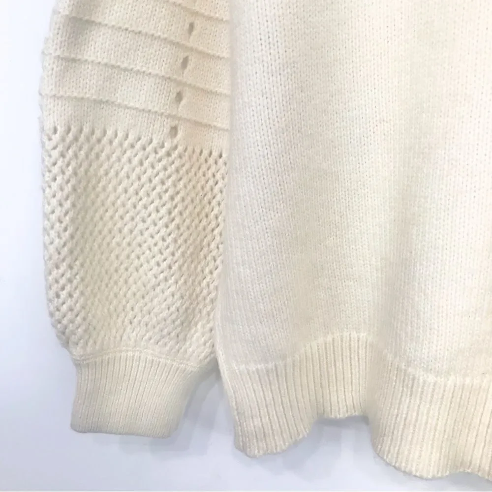 Design 365 Cream Cozy Puff Sleeve Collared Pullover Thick Knit Sweater